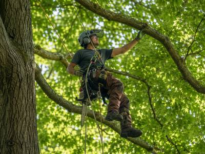 Crew member cutting a branch section overhead